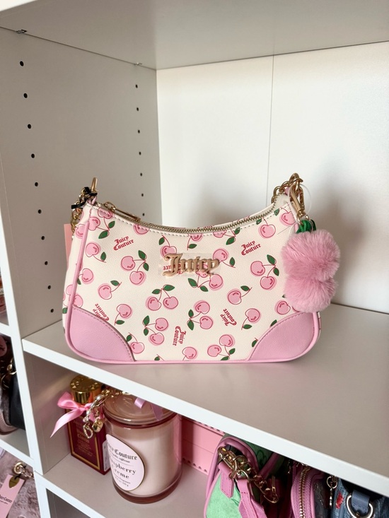Juicy Couture Handbags - Juicy Couture “Cherry Girl” Pink Cherry Print Shoulder Bag with Pom Pom